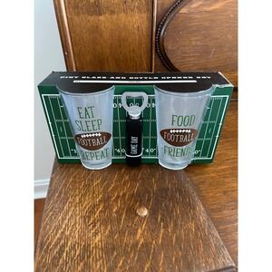 Football Pint Glass and Bottle Opener 3 Piece Gift Set Game Day MHI New